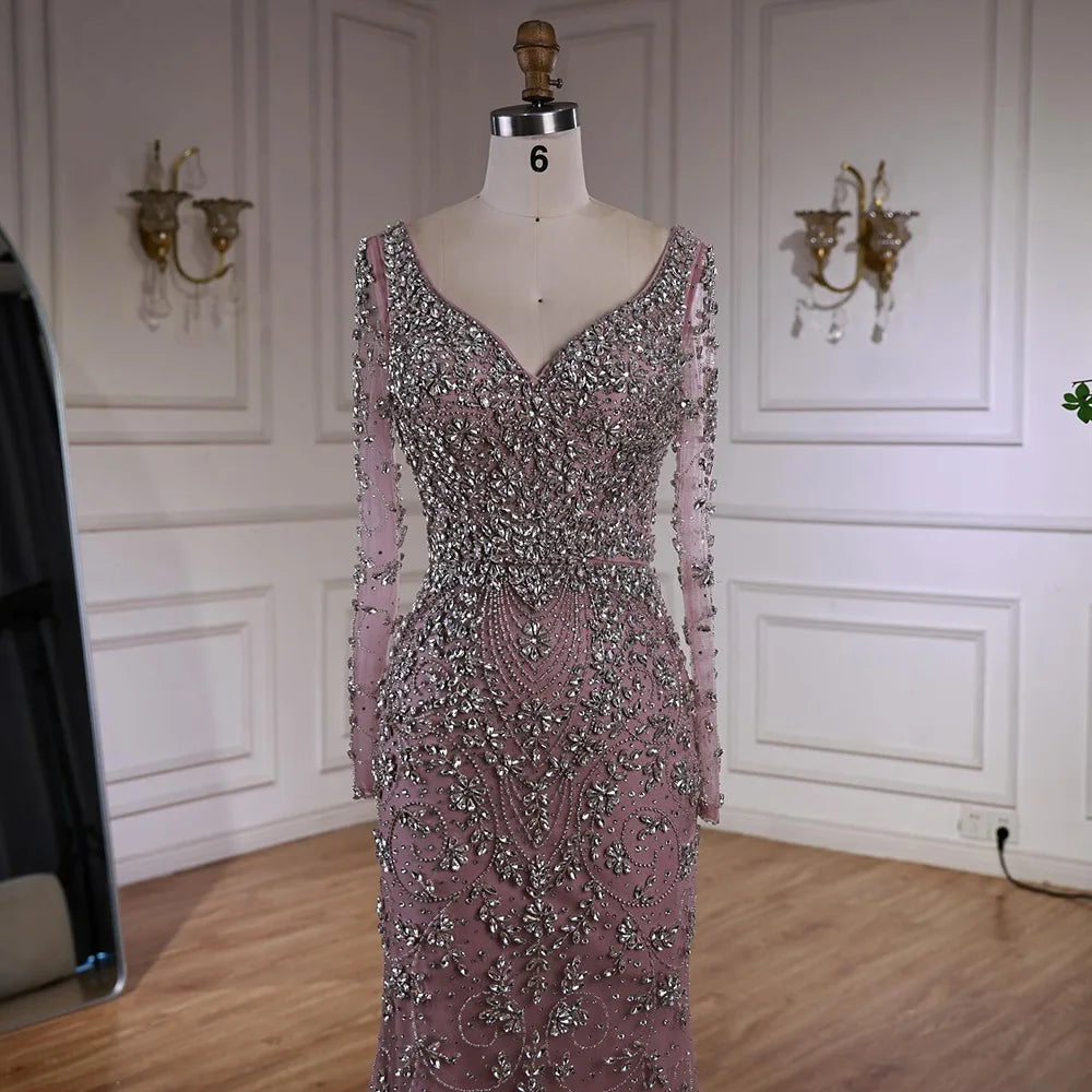 Luxury Nude Beaded Crystal Mermaid Evening Dress with Long Sleeves LA73042