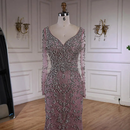 Luxury Nude Beaded Crystal Mermaid Evening Dress with Long Sleeves LA73042