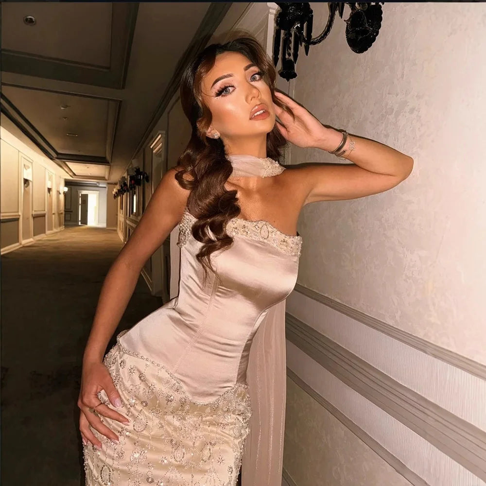 Luxury Caramel Satin Beaded Evening Dress with Corset Bodice LA72805C