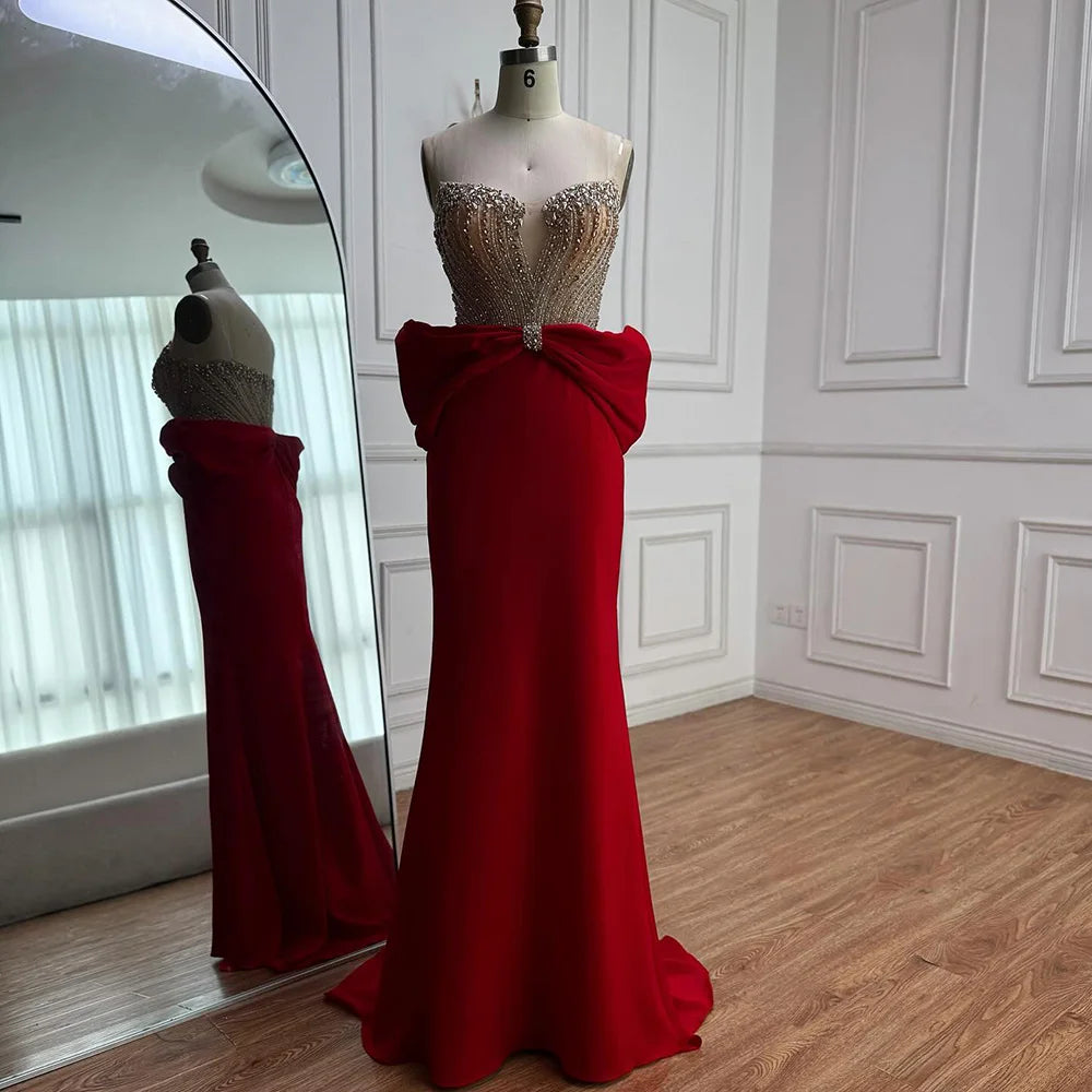 Luxury Red Satin Evening Dress with Bow Designer Gown LA73060