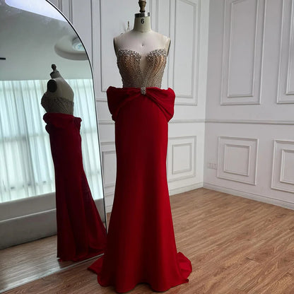 Luxury Red Satin Evening Dress with Bow Designer Gown LA73060