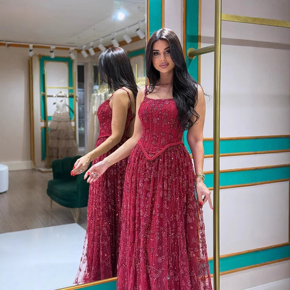 שמלות ערב יוקרתיות עם חרוזים בגזרה A-קו עם רצועות ספגטי בצבע ירוק מרווה LA72805 