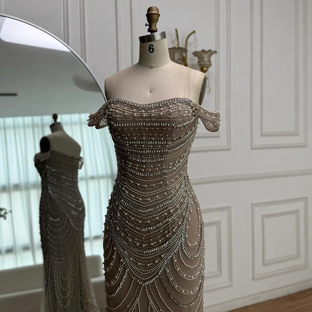 Arabic Caramel Off Shoulder Beaded Mermaid Evening Dress with Pearls LA72253C