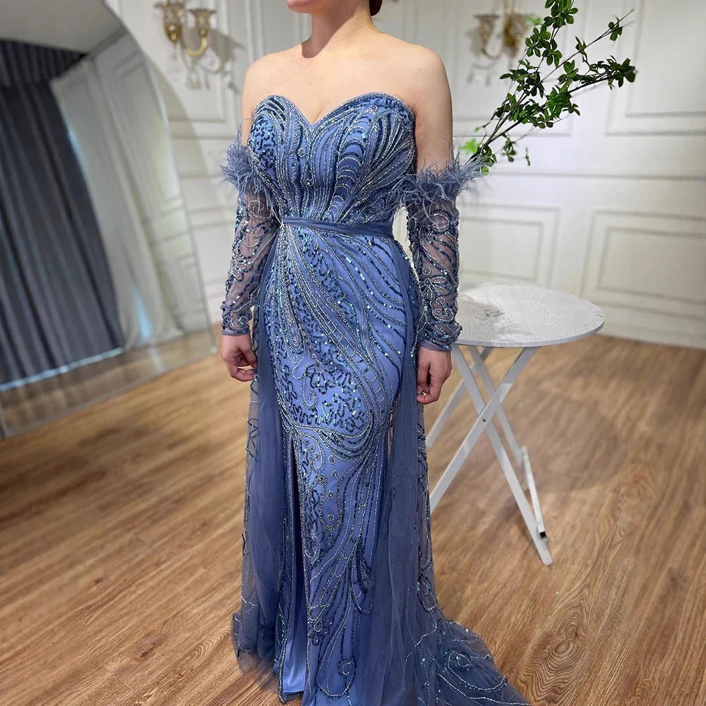 Luxury Arabic Nude Mermaid High Split Feather Beaded Evening Dress LA71910