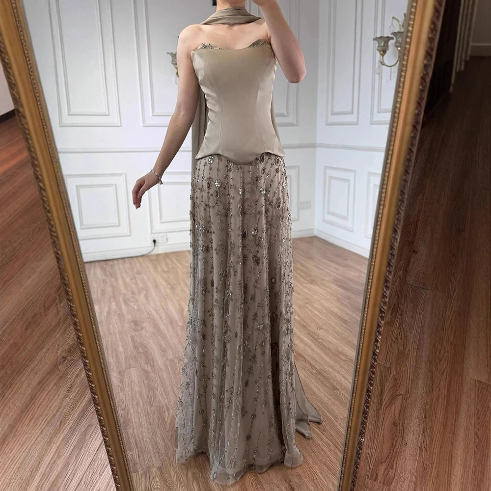 Luxury Sage Green and Pink Arabic Strapless Beaded Evening Dress LA72805D