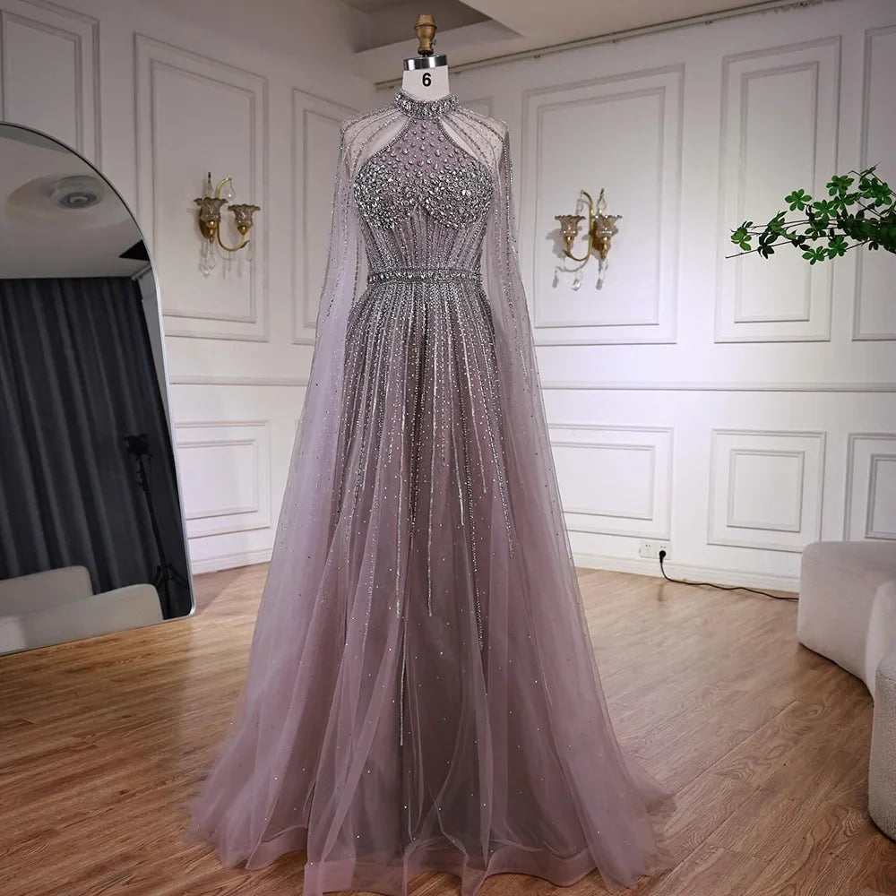 Luxury Turquoise Beaded A-Line Evening Dress with Cape Sleeves LA73054
