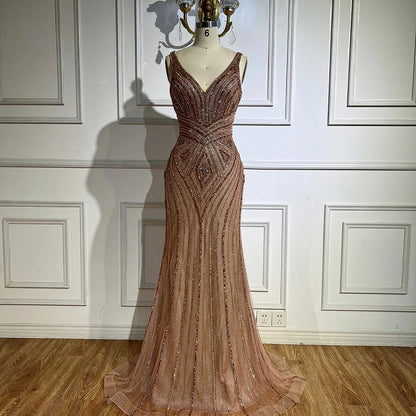 Brown V Neck Beaded Mermaid Evening Dress for Wedding Party LA73013