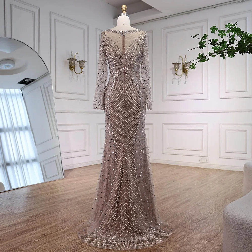Luxury Arabic Silver Nude Beaded Mermaid Long Sleeve Evening Dress LA73132