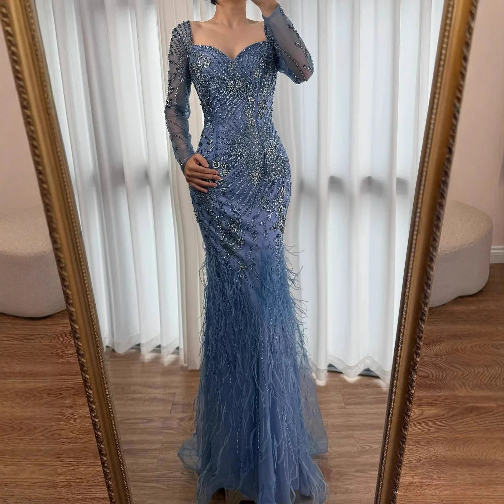 Arabic Blue Feather Beaded Mermaid Evening Dress for Women LA71818