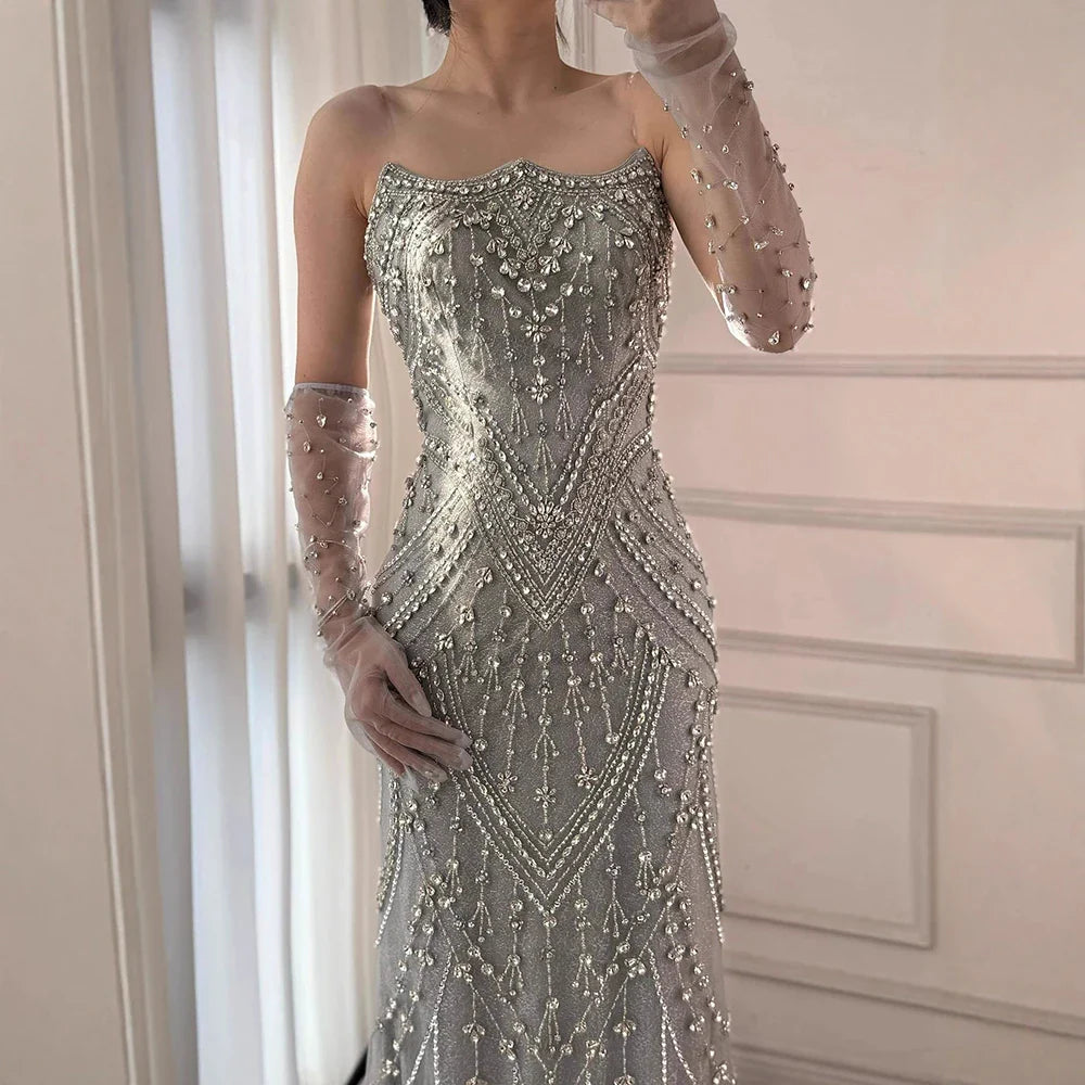 Luxury Caramel Crystal Beaded Mermaid Evening Gown with Gloves LA73186