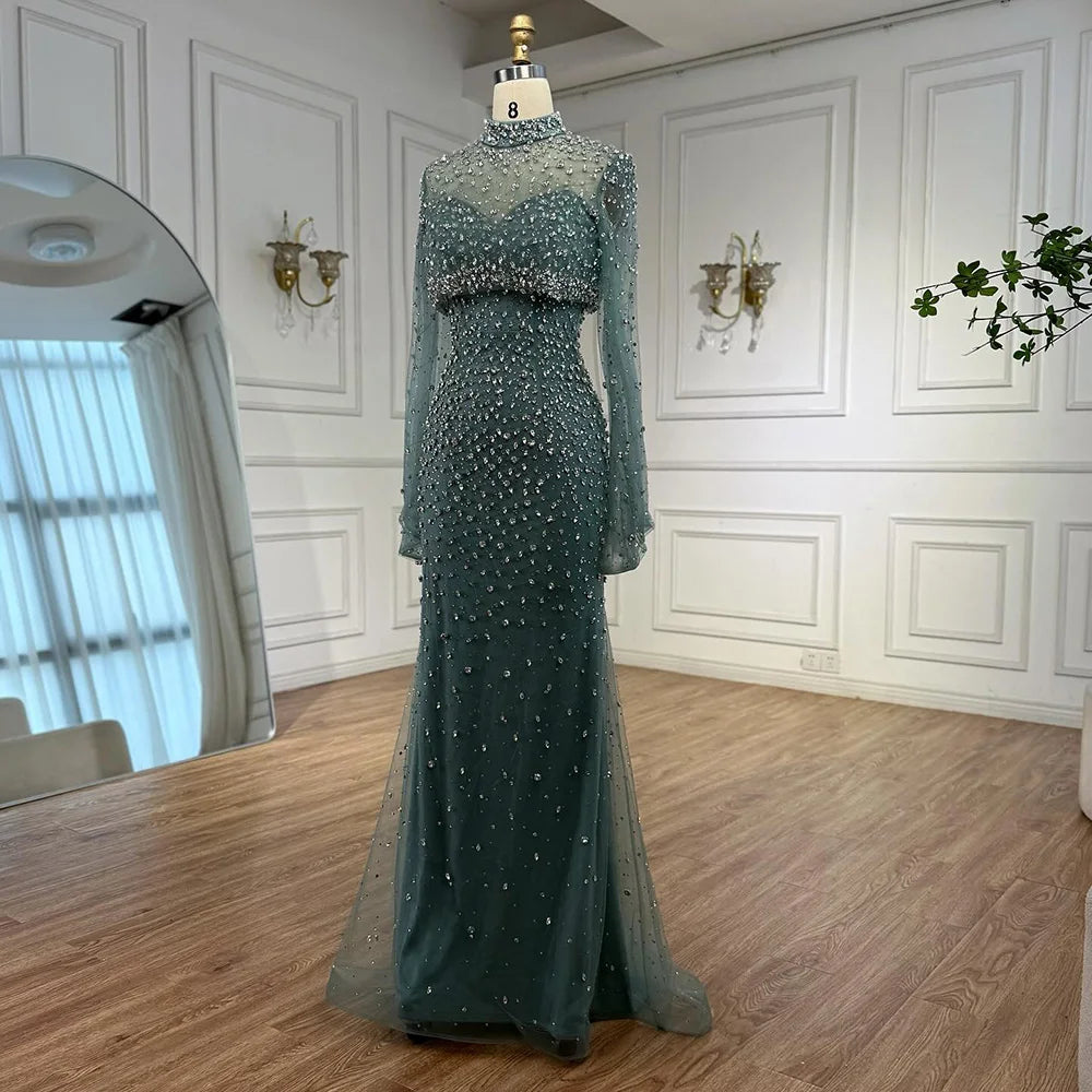 Luxury Turquoise Beaded Mermaid Evening Dress with Detachable Top LA73095