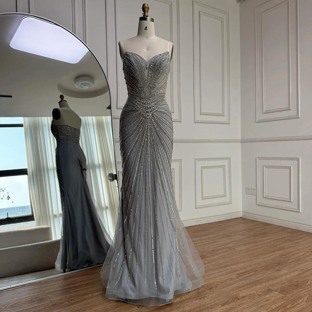 Luxury Nude Beaded Mermaid Evening Dress with Overskirt LA73182