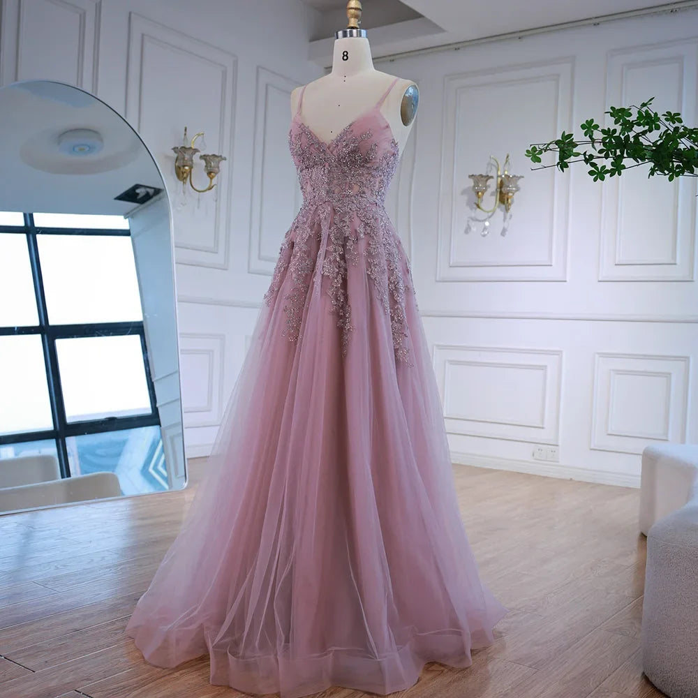 Luxury Pink Tulle A Line Prom Dress with Appliques LA73009