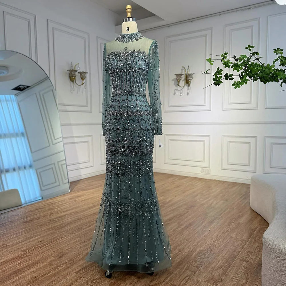 Luxury Arabic Turquoise Beaded Mermaid Evening Dress Long Sleeve LA72714C