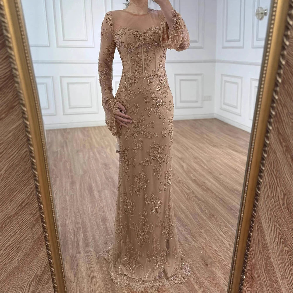 Luxury Arabic Lace Beaded Mermaid Evening Dress with Sleeves LA72545