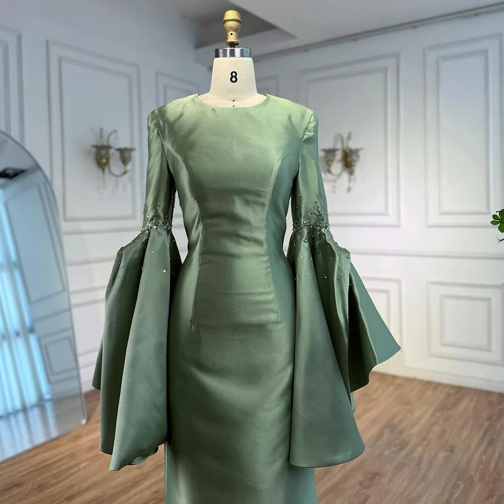 Luxury Sage Green Satin Evening Dress with Bell Sleeves 2025 LA73094