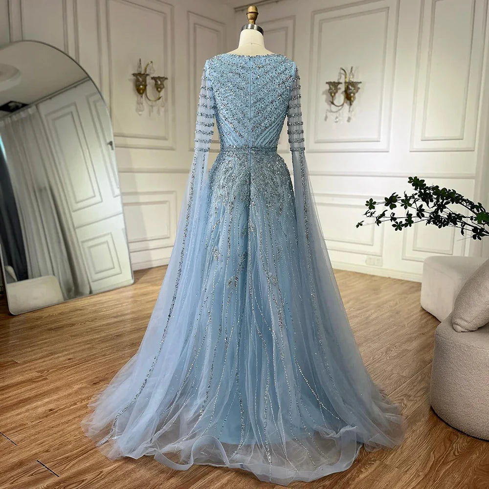 Luxury Dubai  Arabic Caramel Elegant A-Line Beaded Long Evening Dresses Gowns with Cape Sleeves for Formal Occasion LA72750