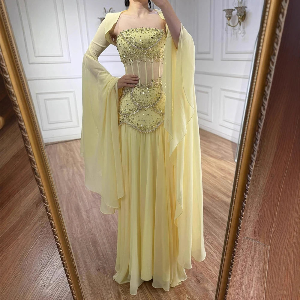 Luxury Blue Evening Dress with Pearls Tassels and Flowing Coat LA72978A