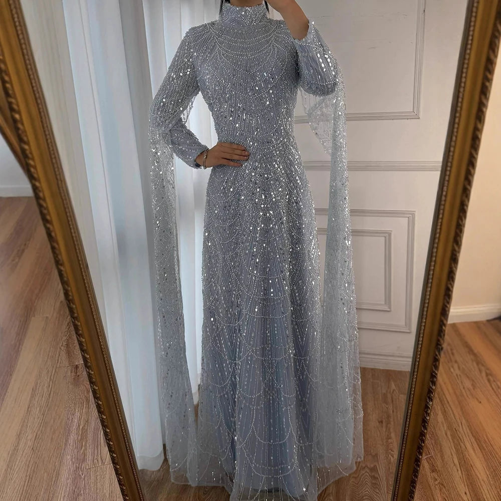 Luxury Dubai  Muslim Sage Green Pearls  Evening  Dress With Cape Plus Size LA72591
