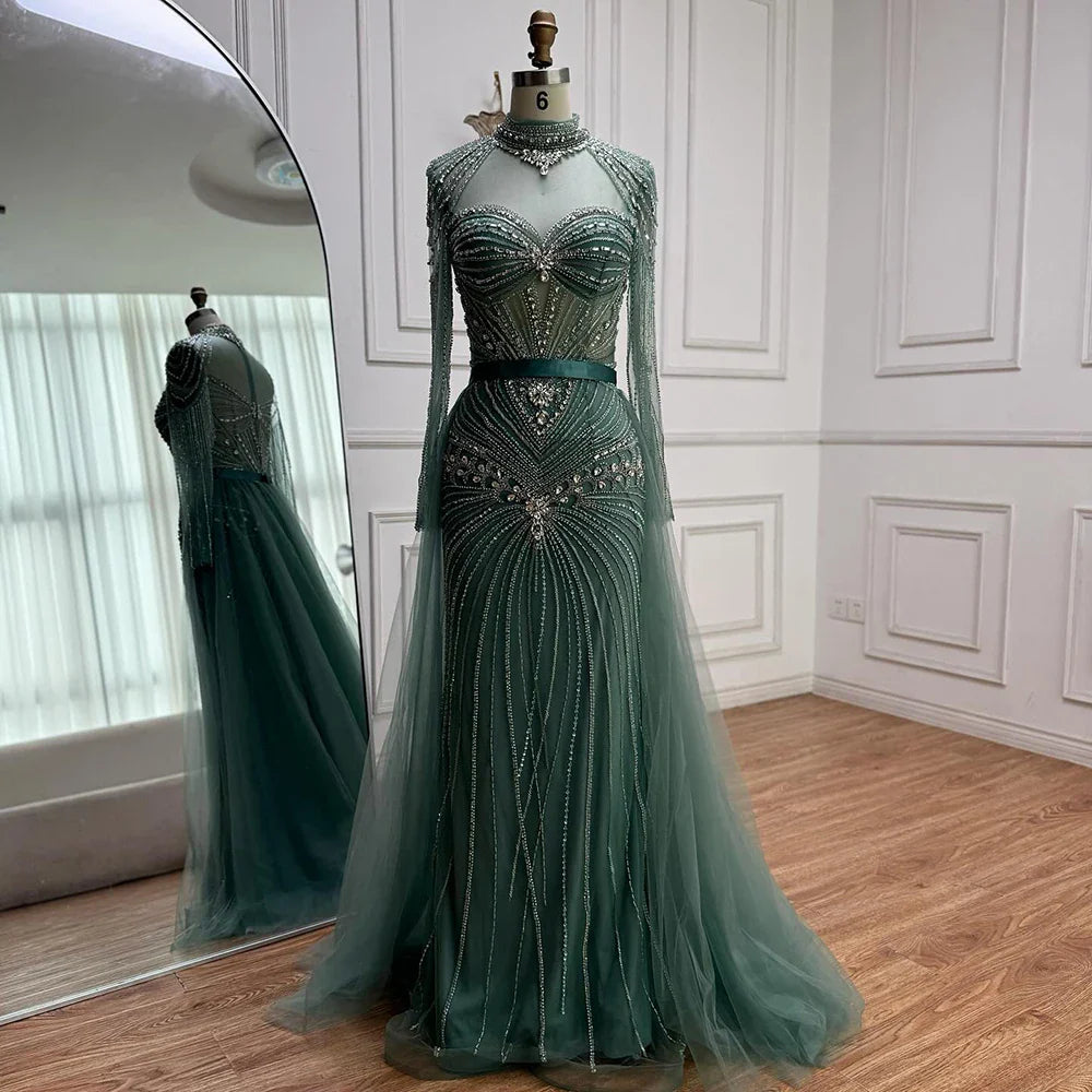 Luxury Nude Beaded Evening Dress with Detachable Overskirt LA72990