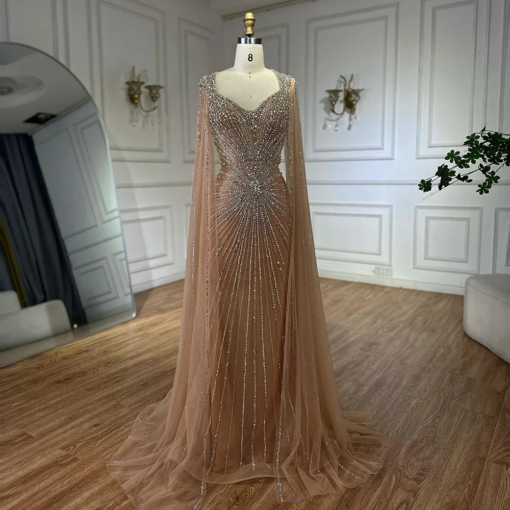 Luxury Dubai   Nude Cape Sleeves Beaded Saudi Arabic Evening Dresses Gowns for Formal Occasion LA72575A