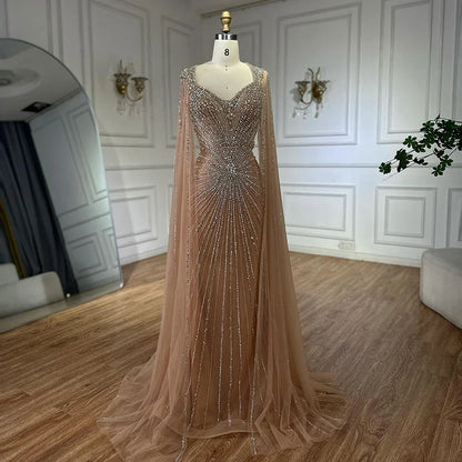 Luxury Dubai   Nude Cape Sleeves Beaded Saudi Arabic Evening Dresses Gowns for Formal Occasion LA72575A