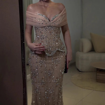 Luxury Nude Beaded Mermaid Evening Dress LA73336