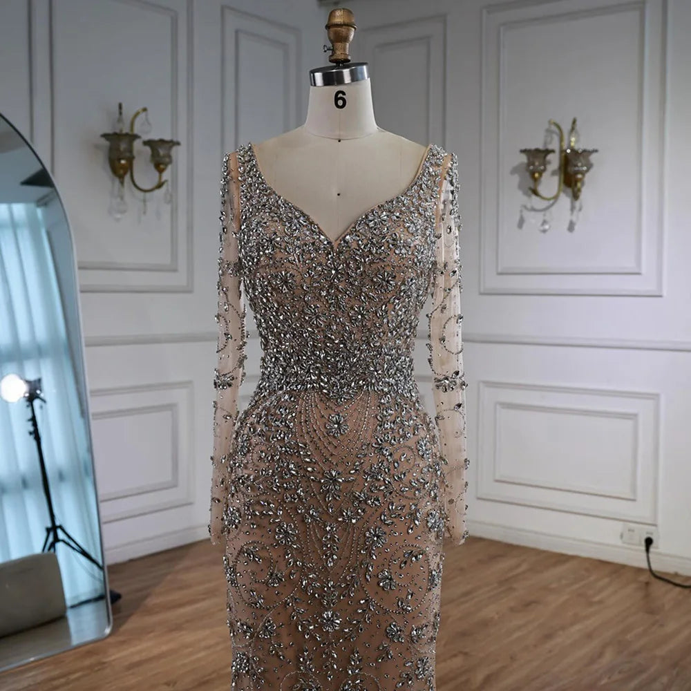 Luxury Nude Beaded Crystal Mermaid Evening Dress with Long Sleeves LA73042