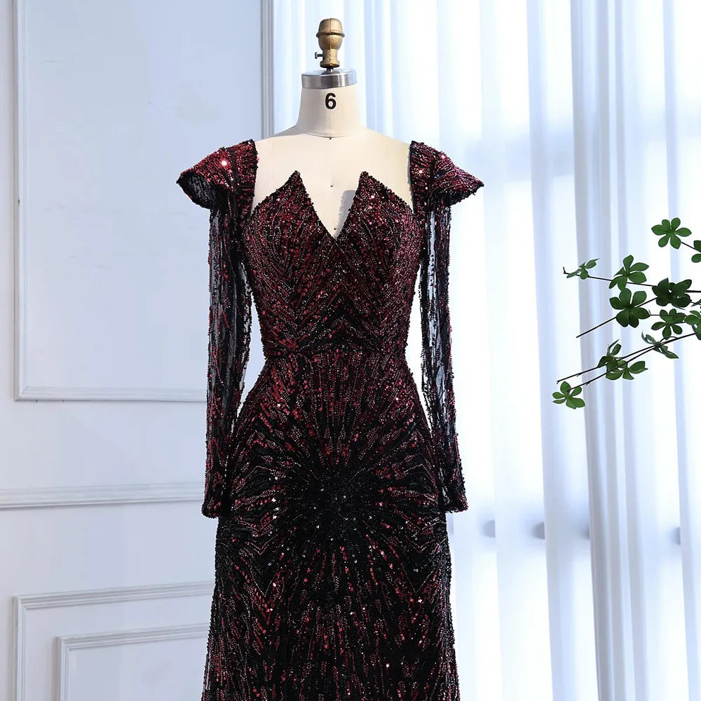 Luxury Wine Red Sequined Long Sleeve Evening Dress LA73126