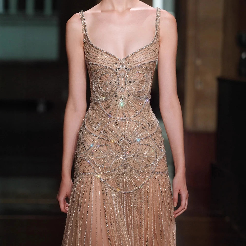 Luxury Nude Spaghetti Strap Beaded A line Evening Dress LA73189