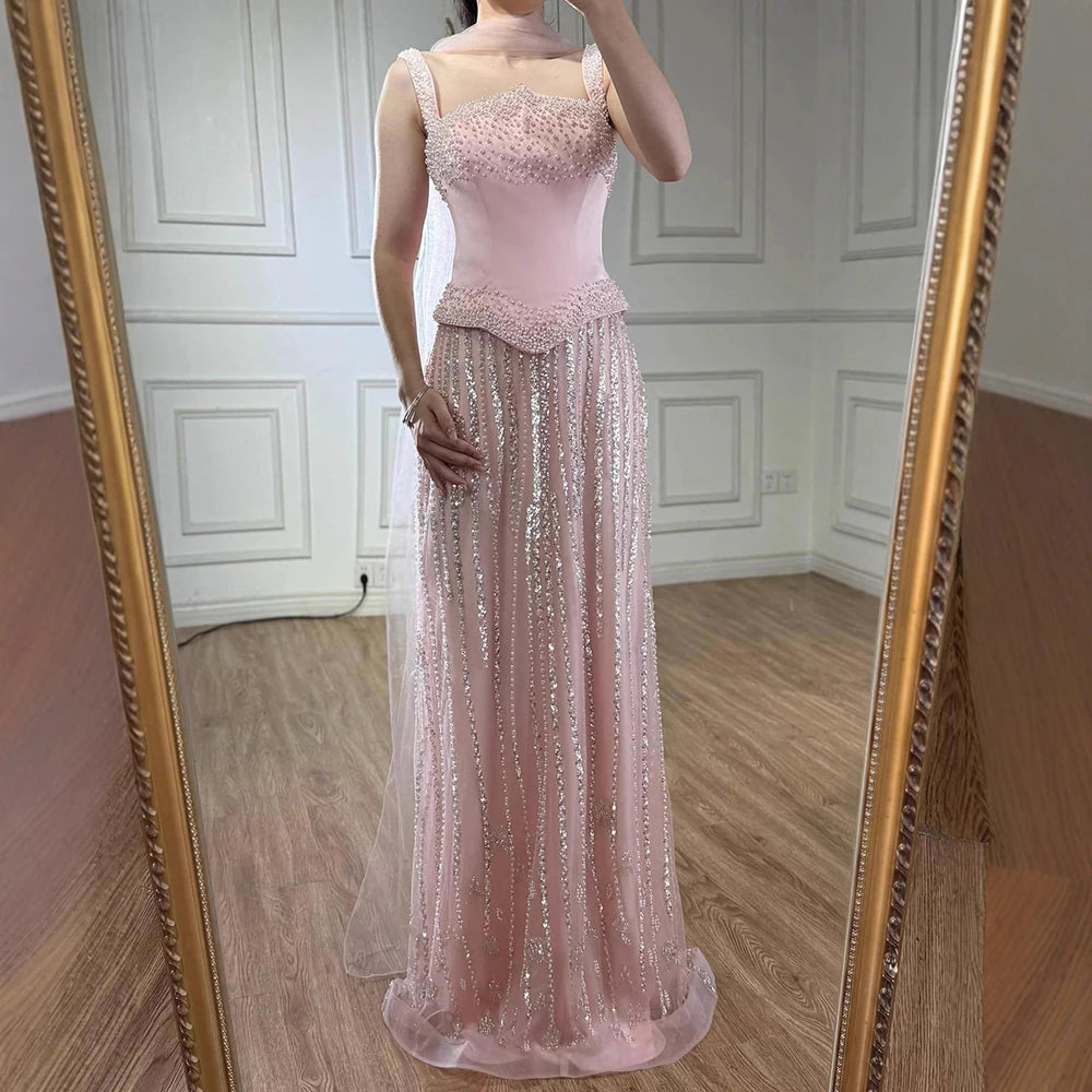 Glamorous Pink Strapless Mermaid Evening Dress with Pearls LA73070