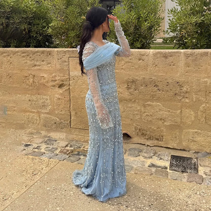 Luxury White Mermaid Square Neck Short Sleeves Evening Dresses LA72714