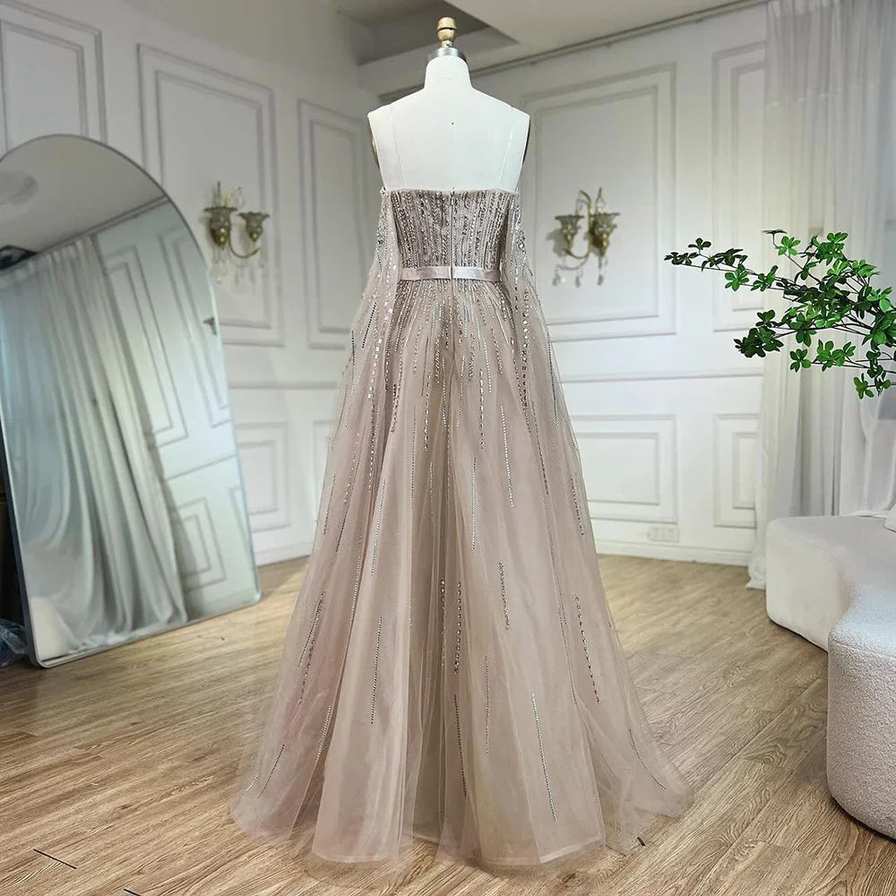 Luxury Black A Line Beaded Evening Dress with Cape Sleeves LA71824