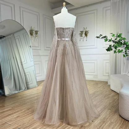 Luxury Black A Line Beaded Evening Dress with Cape Sleeves LA71824
