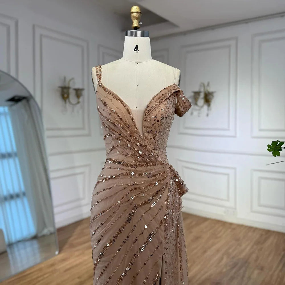 Luxury Blue Beaded Mermaid Evening Dress with Split LA71663
