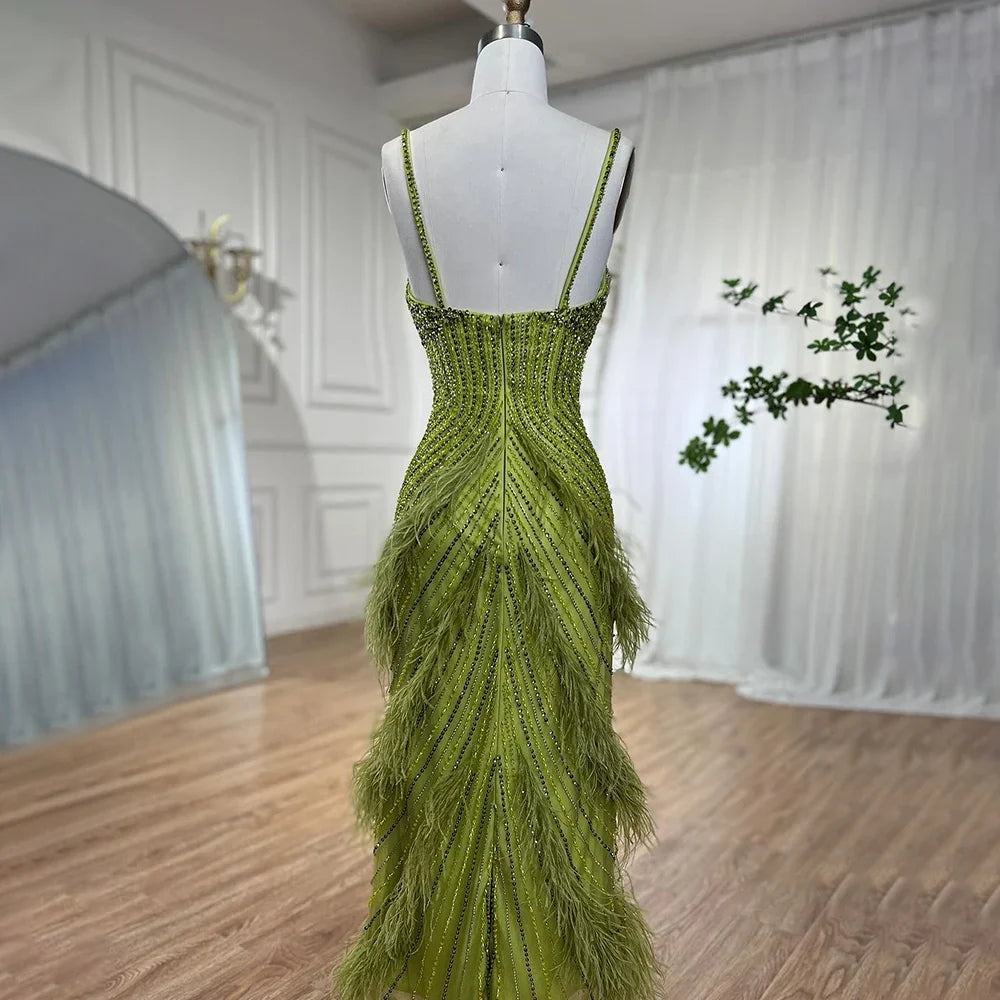 On Sale  no return no refund Serene Hill Yellow Green Feathers Mermaid Sundress Evening Gowns Beaded Ankle Length Party Drsses 2025 For Women LA72055