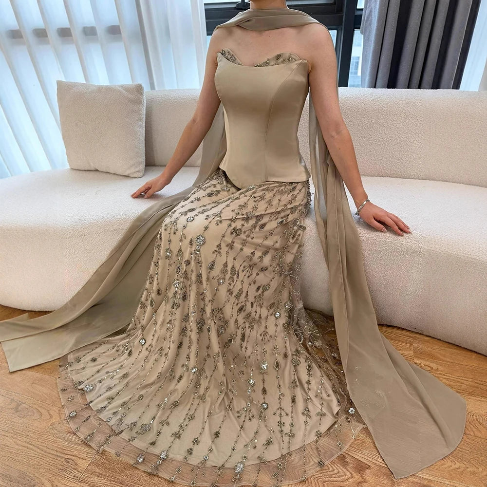 Luxury Sage Green and Pink Arabic Strapless Beaded Evening Dress LA72805D