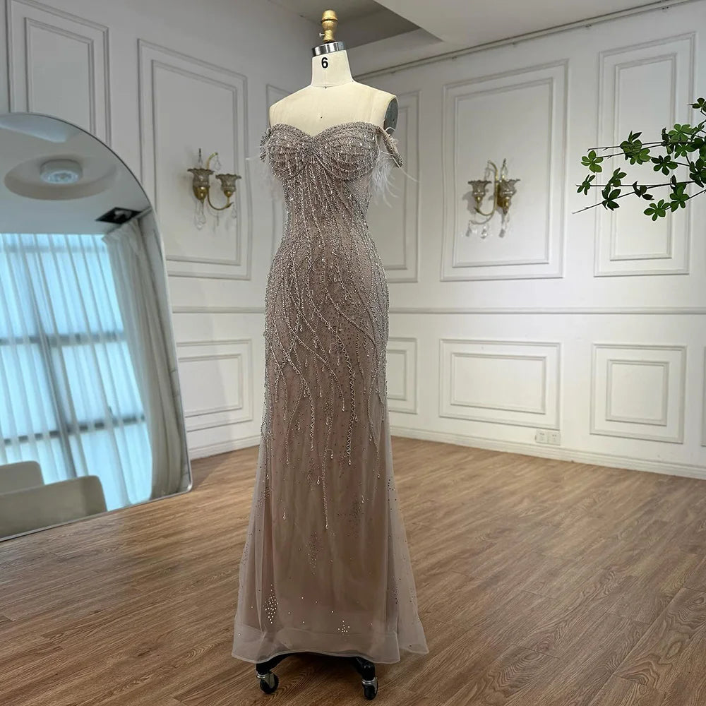 Luxury Dubai Nude Beaded Mermaid Evening Gown with Feather Formal Occasion LA72818