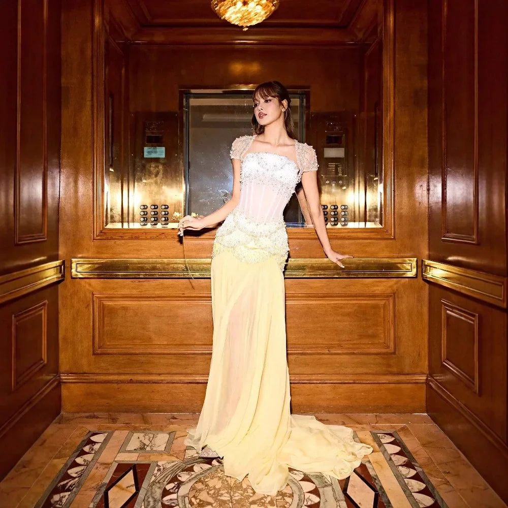 Luxury Yellow Pearls A-Line Evening Dress with Flowing Coat LA72978