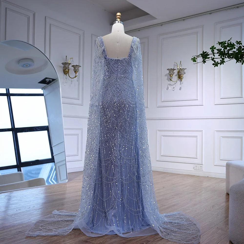 Luxury Turquoise Beaded Pearl Arabic Evening Dress with Cape Sleeves LA72590