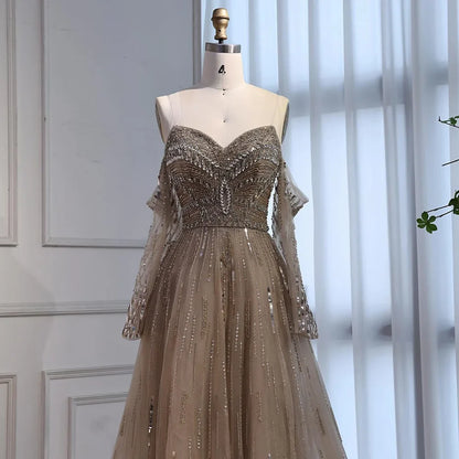 Luxury Caramel Crystal Beaded   Long Sleeve Mermaid Evening Dress LA73130