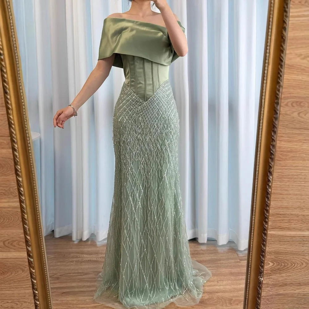 Sage Green Off Shoulder Tassel Beaded Mermaid Evening Dress LA73037