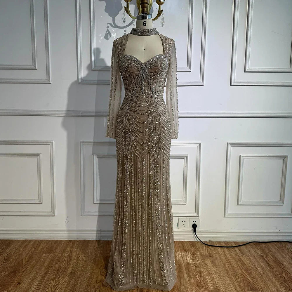 Caramel Beaded Mermaid Evening Dress with Long Sleeves LA72560B