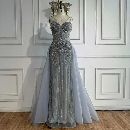 Luxury Nude Spaghetti Strap Mermaid Evening Dress with Overskirt Beaded LA73090A