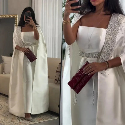 Luxury Dubai White Satin Mermaid Evening Dress with Long Cape LA72825