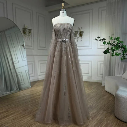 Luxury Black A Line Beaded Evening Dress with Cape Sleeves LA71824