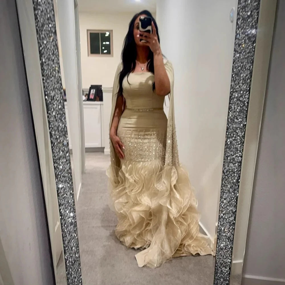 Elegant Nude Beaded Mermaid Evening Dress with Cape Sleeves LA72317C