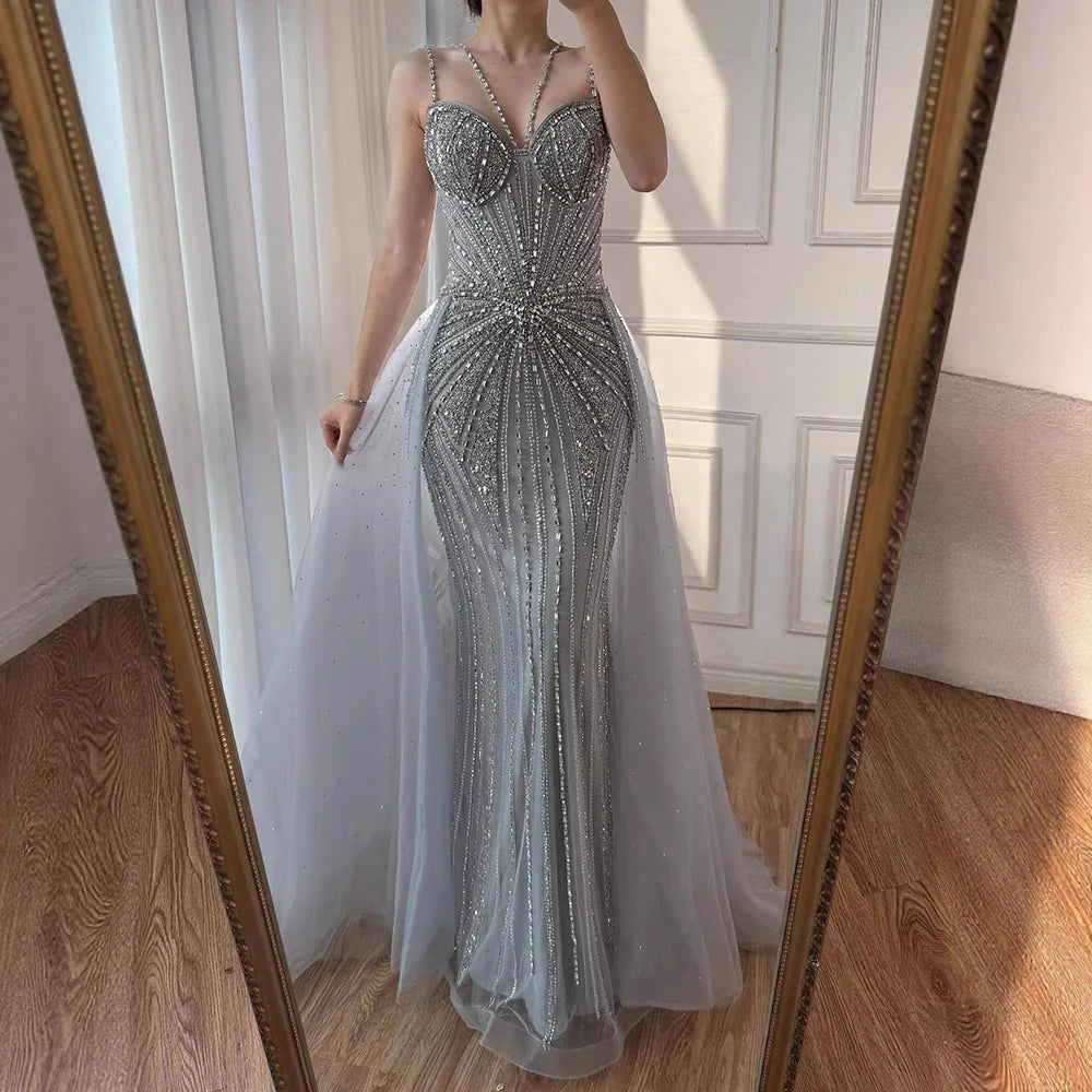 Luxury Nude Spaghetti Strap Mermaid Evening Dress with Overskirt Beaded LA73090A