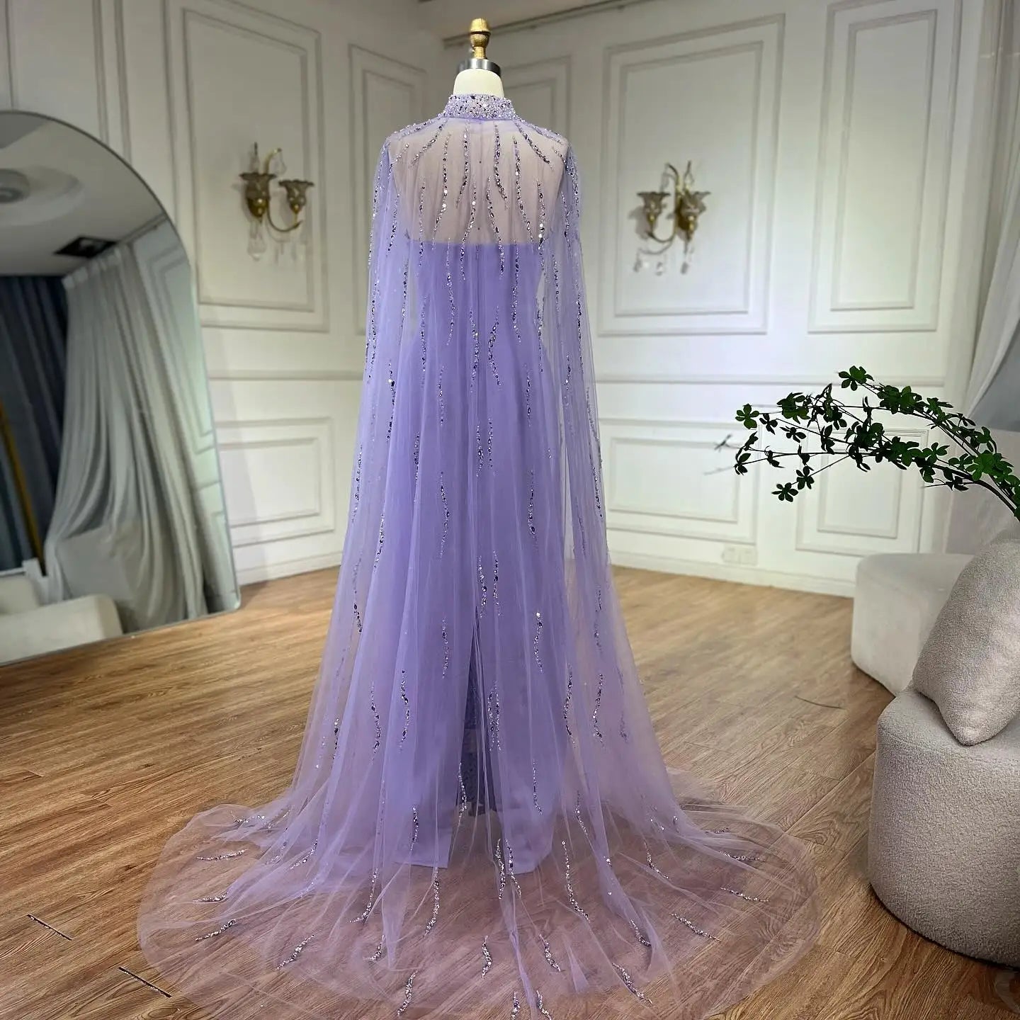 Lilac Elegant Evening Dresses with Luxury Beaded Long Cape Gown for Party LA72828