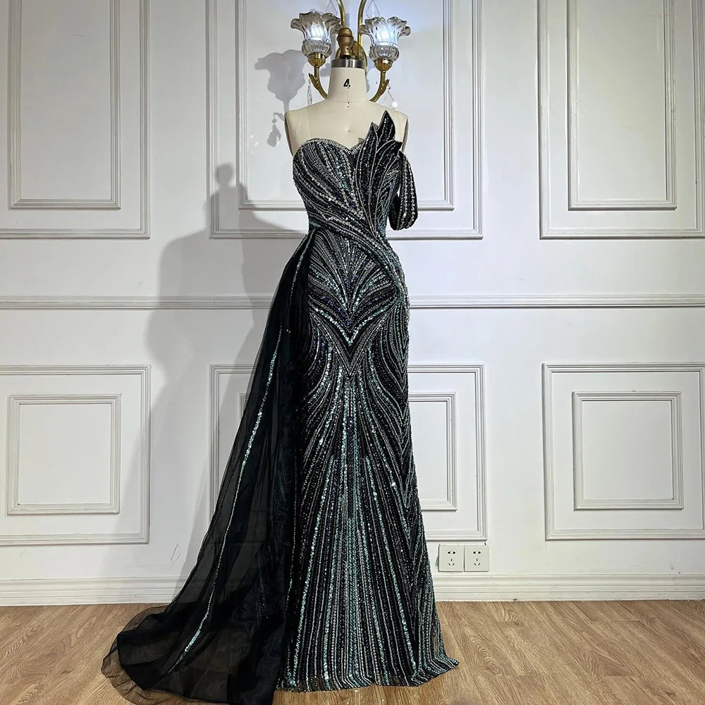 Luxury Dubai  Arabic Blue One Shoulder Luxury Dubai Evening Gown with Side Overskirt Beaded Dress LA72662